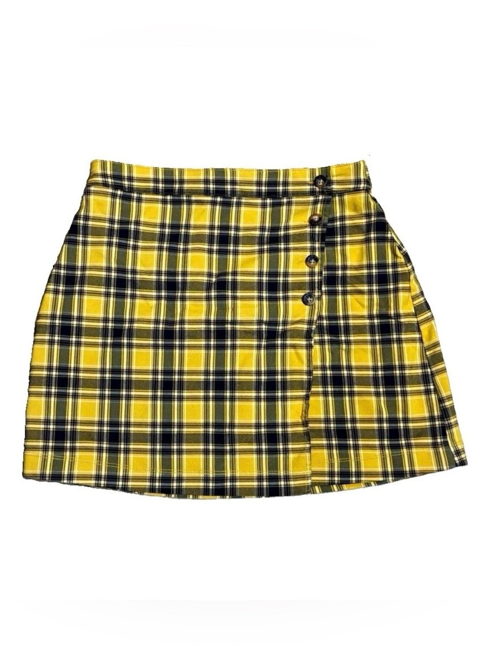 Hollister Ultra High-Rise Plaid Mini Skirt Yellow Black Button Detail Size L